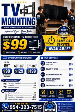 TV Wall Mounting - Same Day Available- 954-323-7515📺 1