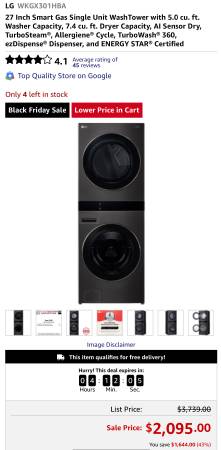 LG 27" Smart Gas Single Unit Wash Tower 5.0 Cu Ft. and 7.4 Cu. Ft. New 1