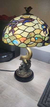 Vintage Tiffany-Style Dolphin Table Lamp Stained Glass Shade 1