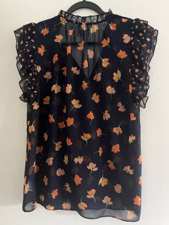 Blusa de mujer semitransparente azul marino/naranja, talla S - súper linda - $10 (Burke)63471432326275121