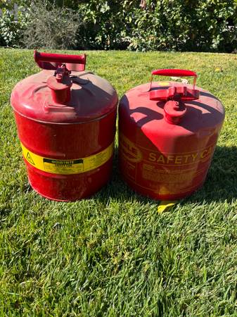 Two 5 gallon, metal, gas, cans, Eagle, 1