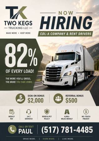 💥Hiring CDL A Drivers Company and Lease ,OTR, SIGN UP BONUS $2000!💥 1