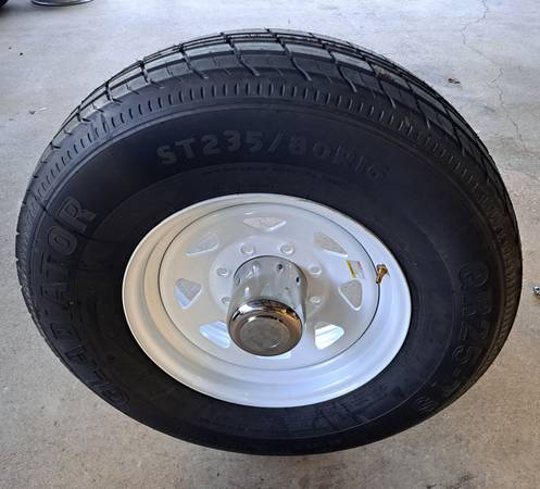 16 Gladiator Trailer Tire 235 80 R16 E on 8 Lug White Spoke Wheel 1