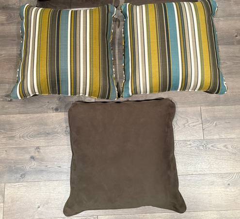 3 Square Throw Pillows, Stripe & Suede Zipper Covers, Feather Inserts 1