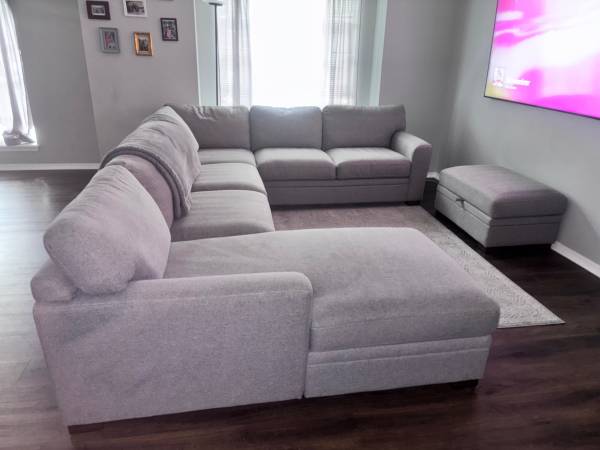 Large Light Grey Sectional + Storage Ottoman 1
