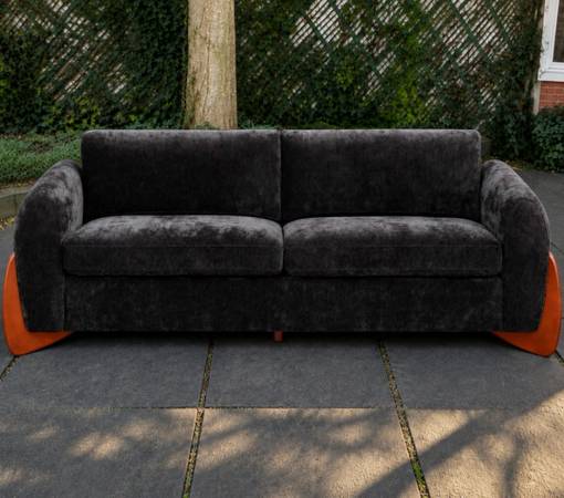 89" Modern Black Chenille Sofa 3-seater Couch Sculptural Wood Legs Living Room 1