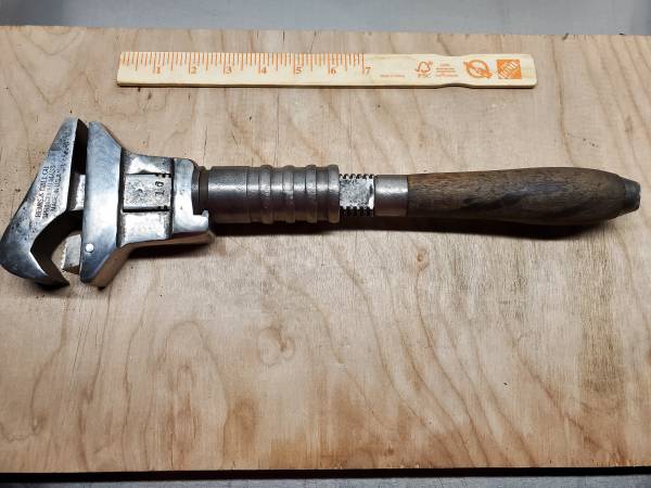 Antique Bemis & Call Pipe Wrench Wood Handle Round C 1