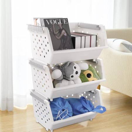 3-Pack White Stackable Baskets, Stacking Storage Organizer Bins 1