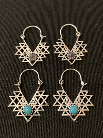Silver Sri Yantra Earrings with turquoise or amethyst gemstone 1