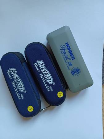 Set of 3 Blues diatonic harmonicas. 1