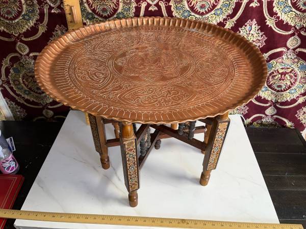 Vintage Persian Copper Tray Top Table With Inlay Wood Base 1
