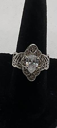 Sterling Silver Filagree & Pear Cut Cubic Zirconia Size 5 1/2 Ring 1