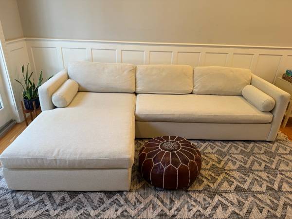 Crate and Barrel Aris chaise sectional sofa + rug and ottoman 1