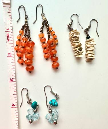 Three Dangle Earrings (orange peach, aqua beach blue, beige sea shell) 1