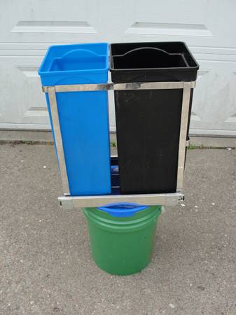 Black/Blue Rectangular Dual Compartment Under Counter Pull-Out Trash a 1
