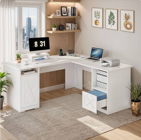 White Aimaan L-Shaped Computer Desk with Built-In Electrical Outlet 1
