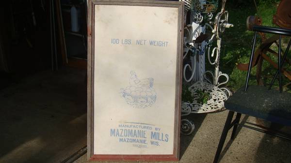 framed Mazomanie Wis mills 100 lb chicken feed sack 1