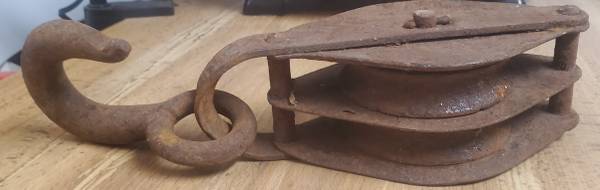 Vintage Iron Double Pulley And Hook Industrial Farm Barn 2 Wheels 1