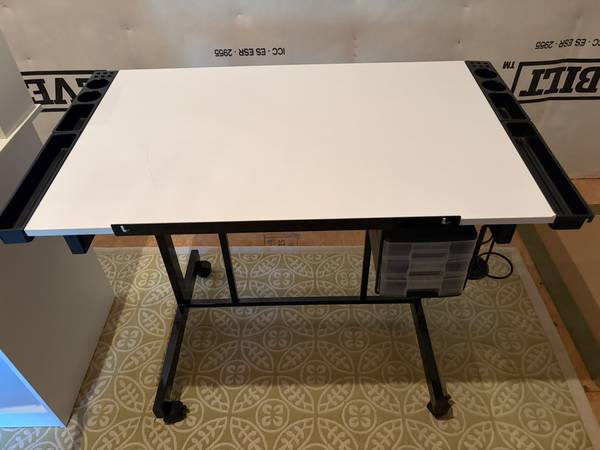 Drafting Table with Side Storage and Raised Swivel Chair 1
