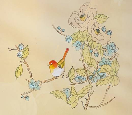 Hand Drawing & Watercolor - Original with Flowers and Bird - Vintage 1