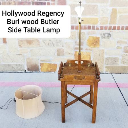 Rare Unique Hollywood Regency Burlwood Butler Side Table Lamp 1