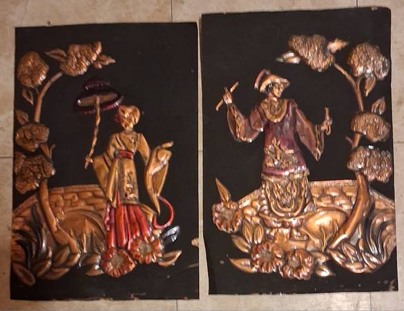 Pair Antique Handpainted ORIENTAL Copper Art 1