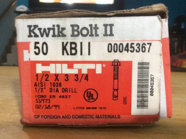 Hilti Concrete Anchors  1/2”x 3 3/4” 1