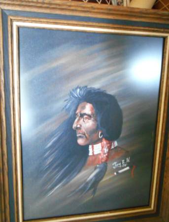 1978 NATIVE AMERICAN WARRIOR-FRAMED OIL PAINTING-UNDER GLASS 1