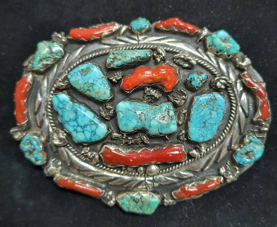 Native American Turquoise & Coral Old Pawn Big BELT BUCKLE 1