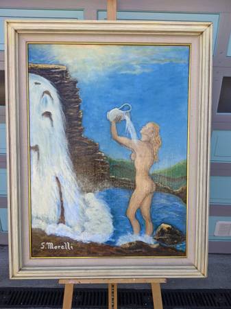 Large Museum Quality Signed "Showering in the Waterfall" Painting 1