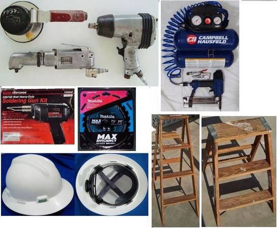 Air compressor & tools; ladders; circular sawblade; hard hat 1