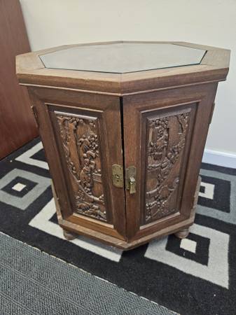 End table hexagon shape Chinese carving MCM 1