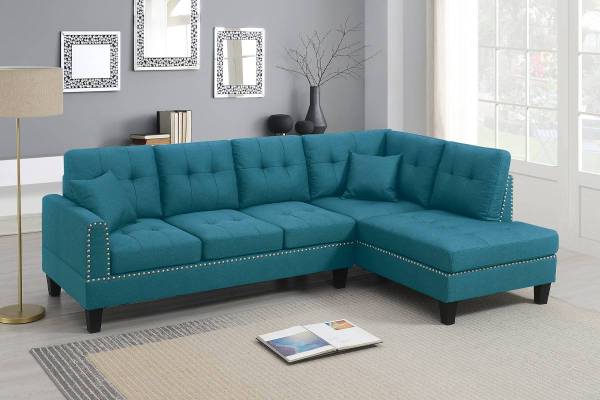 2 pc azure blue linen like fabric sectional sofa with chaise 1