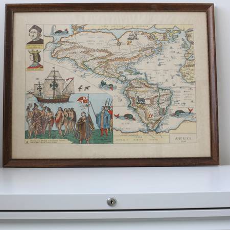 Framed vintage “America 1562” illustrated map 1