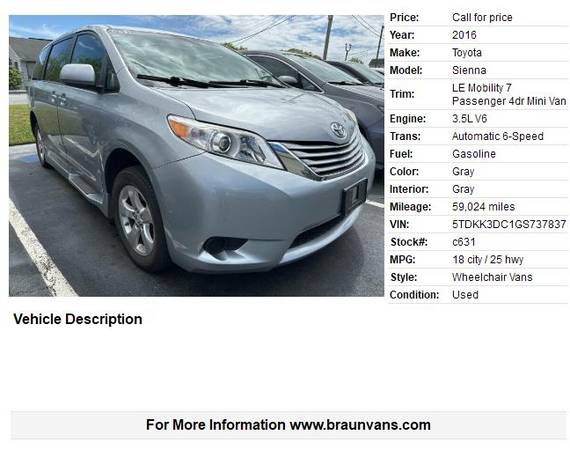 2016 TOYOTA SIENNA WHEELCHAIR VAN BRAUNABILITY RAMP LOW MILES - $53,999 (Seekonk MA , Platinum BraunAbility Dealer)63469621491841121