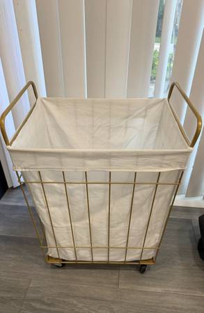 Gold Wire Laundry Hamper with Wheels & Canvas Linerrr 1