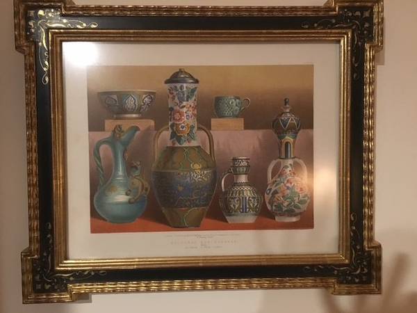 19th C framed English Chromolithograph of Islamic pottery 1