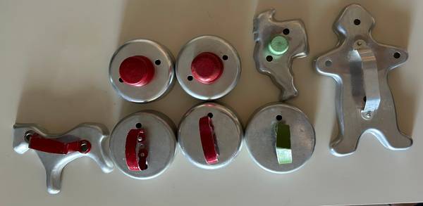 Lot of 8 - Vintage Metal Cookie Cutters 3 with Wooden 2 Red and 1 Gree 1