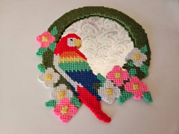 NEEDLEPOINT PARROT/FLOWERS ON MIRROR 1