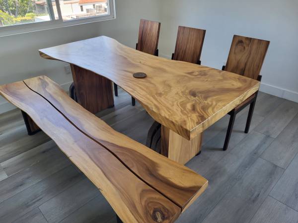 HD Buttercup Solid Wood Live Edge Dining Table Set w/ Bench & 3 Chairs 1