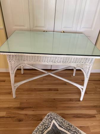 Pretty & Useful Antique Wicker & Wood Desk or Table with Glass Top. 1