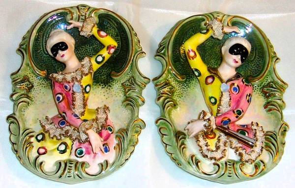 Vintage Pair F.W. Woolworth Masked Ladies Hanging Wall Plaques 1