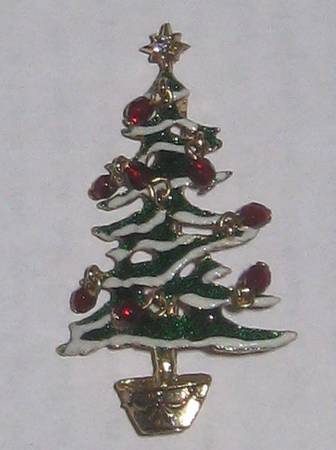 Christmas Tree Pin Brooch, Ruby Red Bead Ornaments, Rhinestone Star!! 1