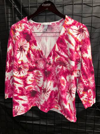 Vintage White Pink Orange Watercolor Abstract Floral Cardigan Size L 1