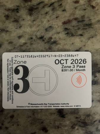 Zone 3 MBTA T pass 1