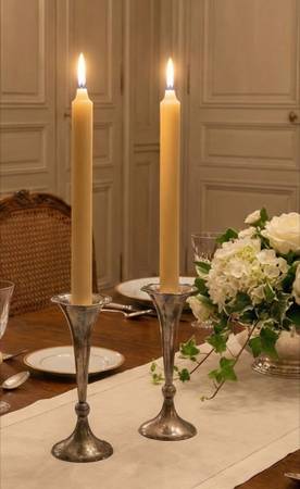 Pair of Vintage Silver Plate Trumpet Candlesticks with Candles 1