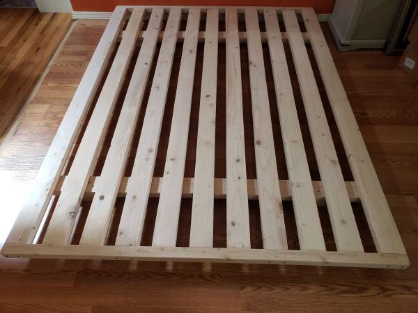 Low "yoga" queen bed base, solid wood, also king, twin, full 1