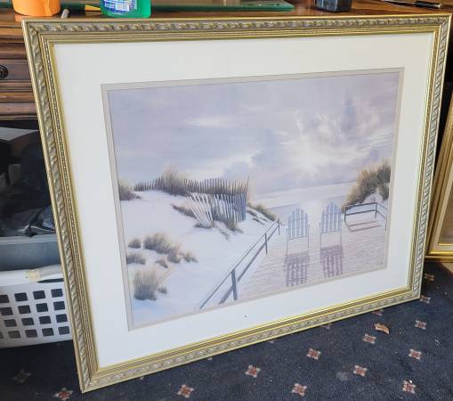 Gold framed ocean with 2 chairs art 1