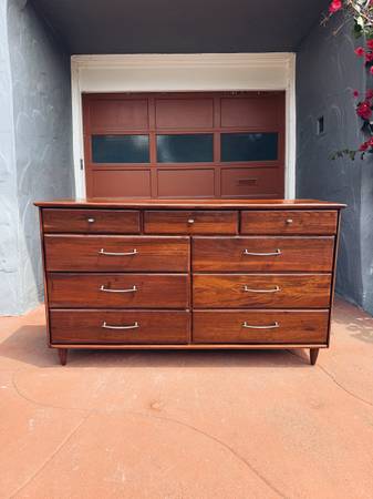 Refinished Solid Walnut mid century modern 9 drawer dresser by Ace hi furniture 1