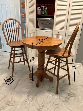 $75 – Oak High-Top Kitchen Table + 2 Swivel Chairs 1